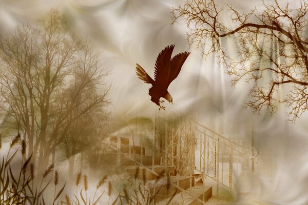 A hawk swooping down against the background of an openwork staircase, autumn trees and swirling fog