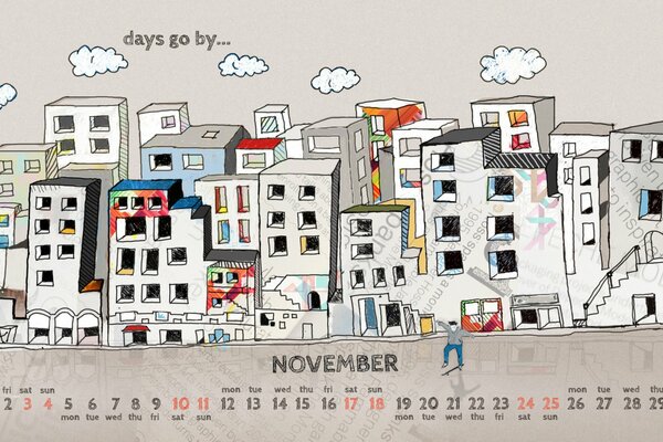 Calendar page for November 2012 with houses