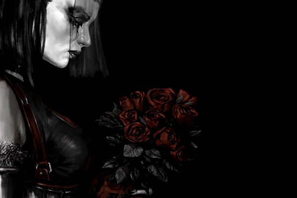 Fille en voile et un bouquet de roses en deuil