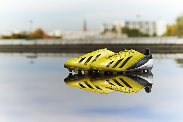 Yellow lemon adidas boots on the water surface