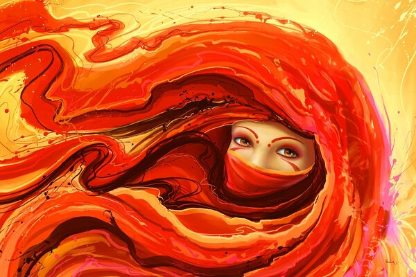 Painted red-haired girl on a yellow background