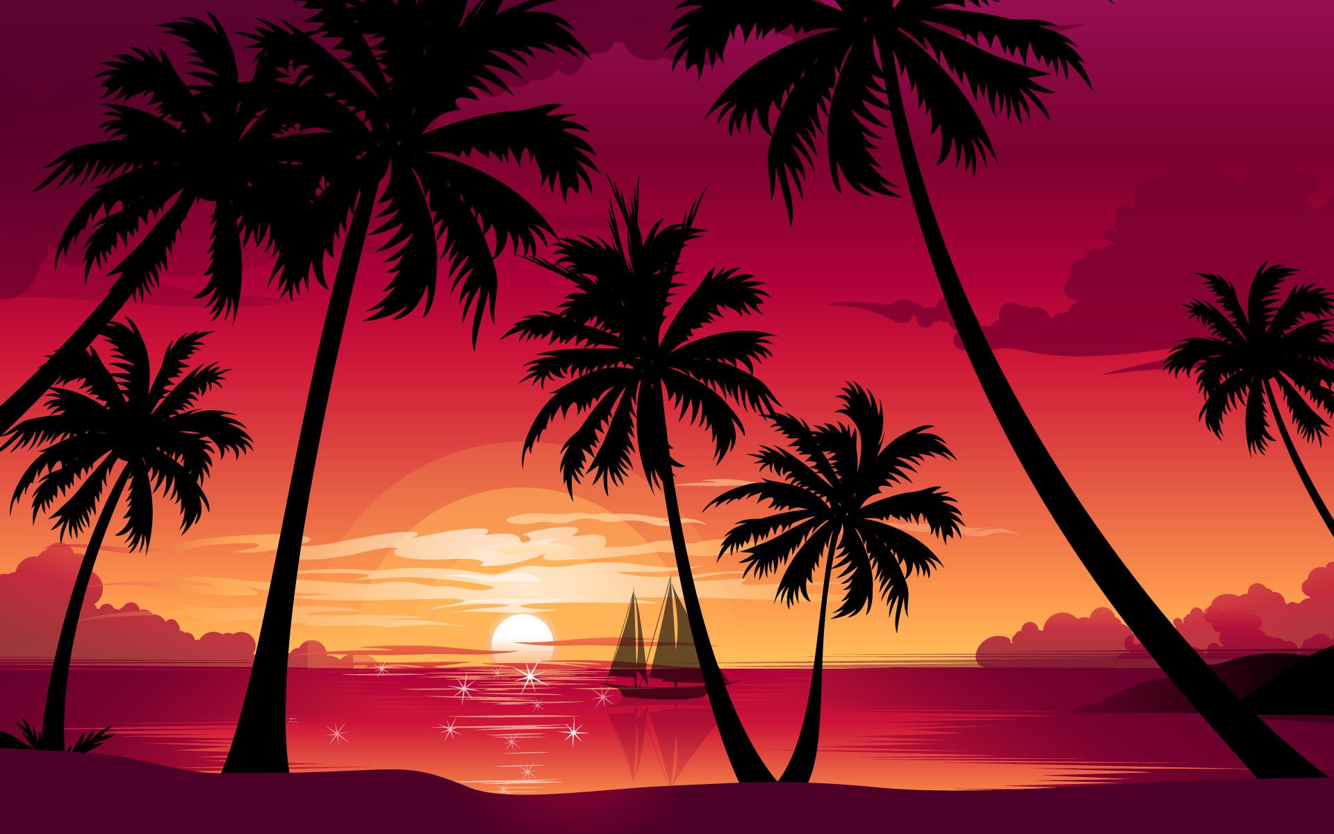 nature palm beach sea boat sun sunset vector