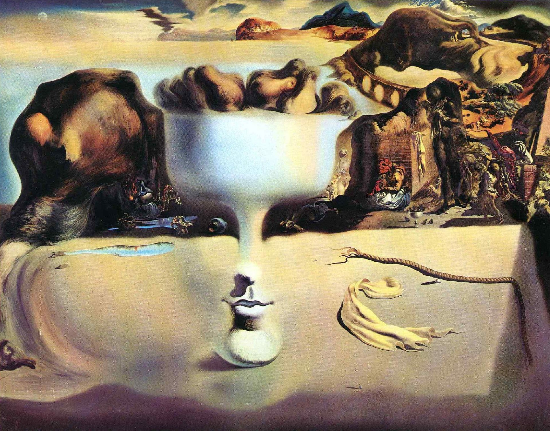 salvador dalí peintre surréalisme peinture visage et vases de fruits au bord de la mer 1938