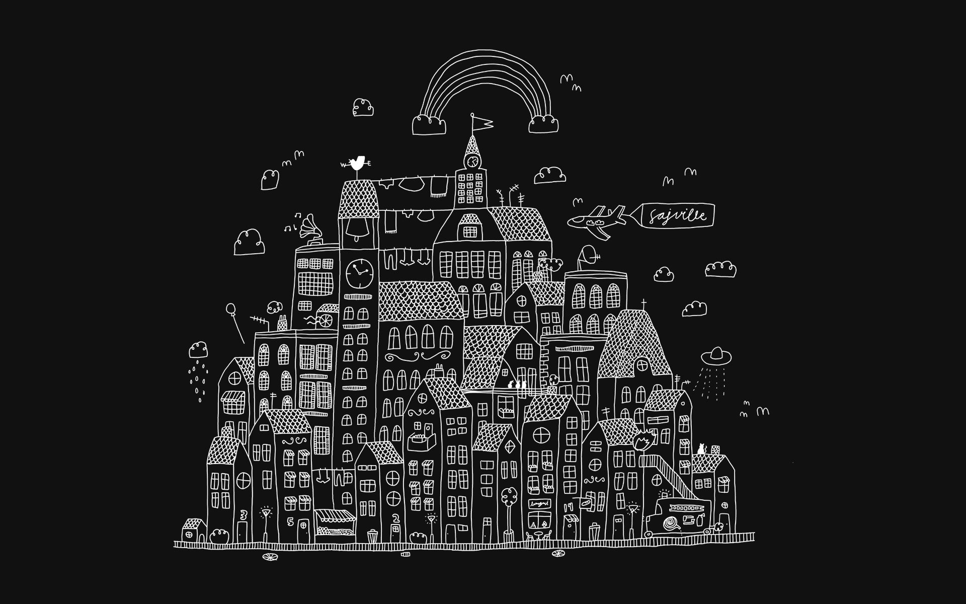 primitivisme contour dessin ville maison arc en ciel ovni nuages