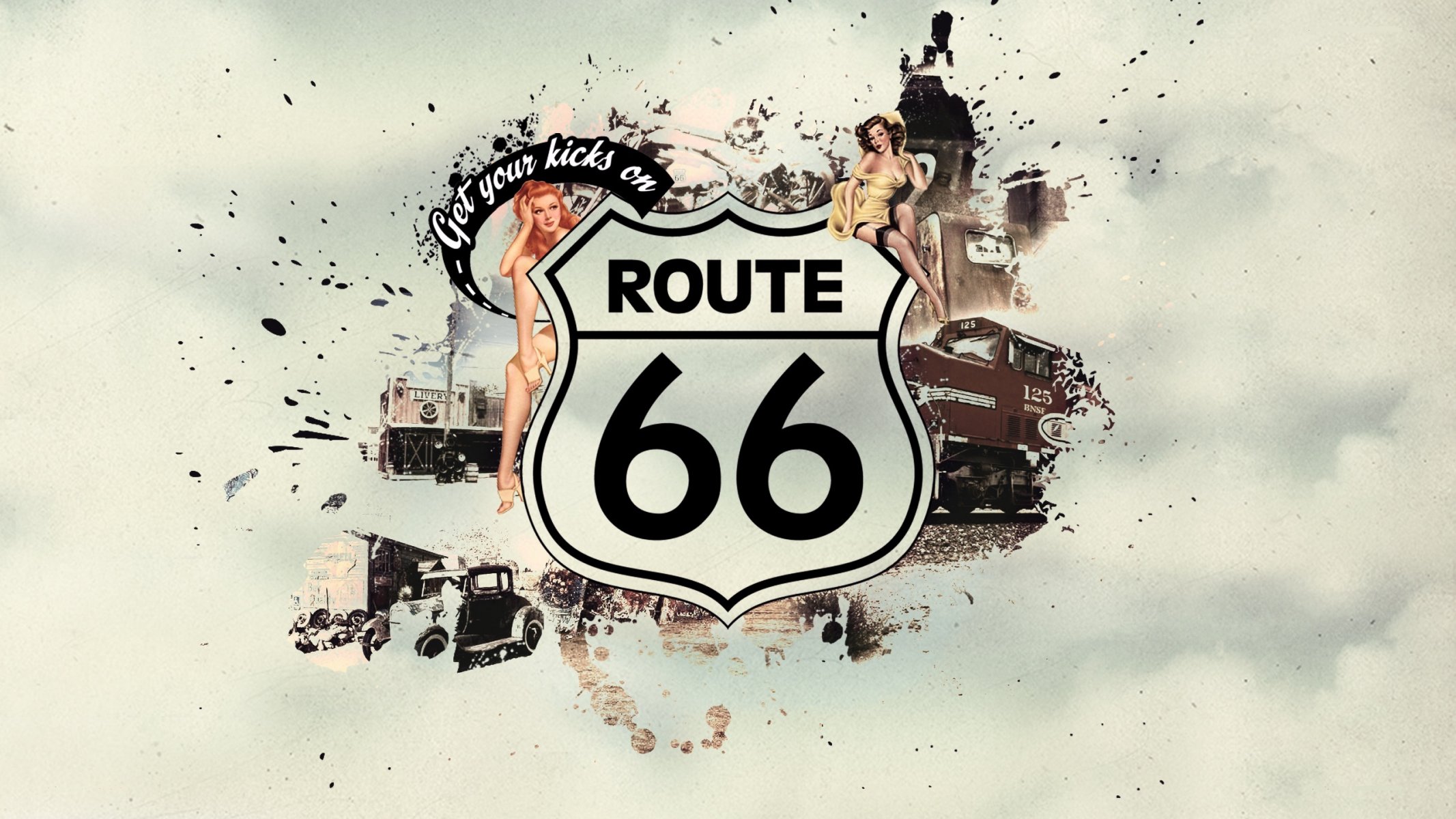 route 66 pin-up styl rysunek dziewczyny pociąg samochód napis wzory obraz kolejowy model samochodu 2560x1440