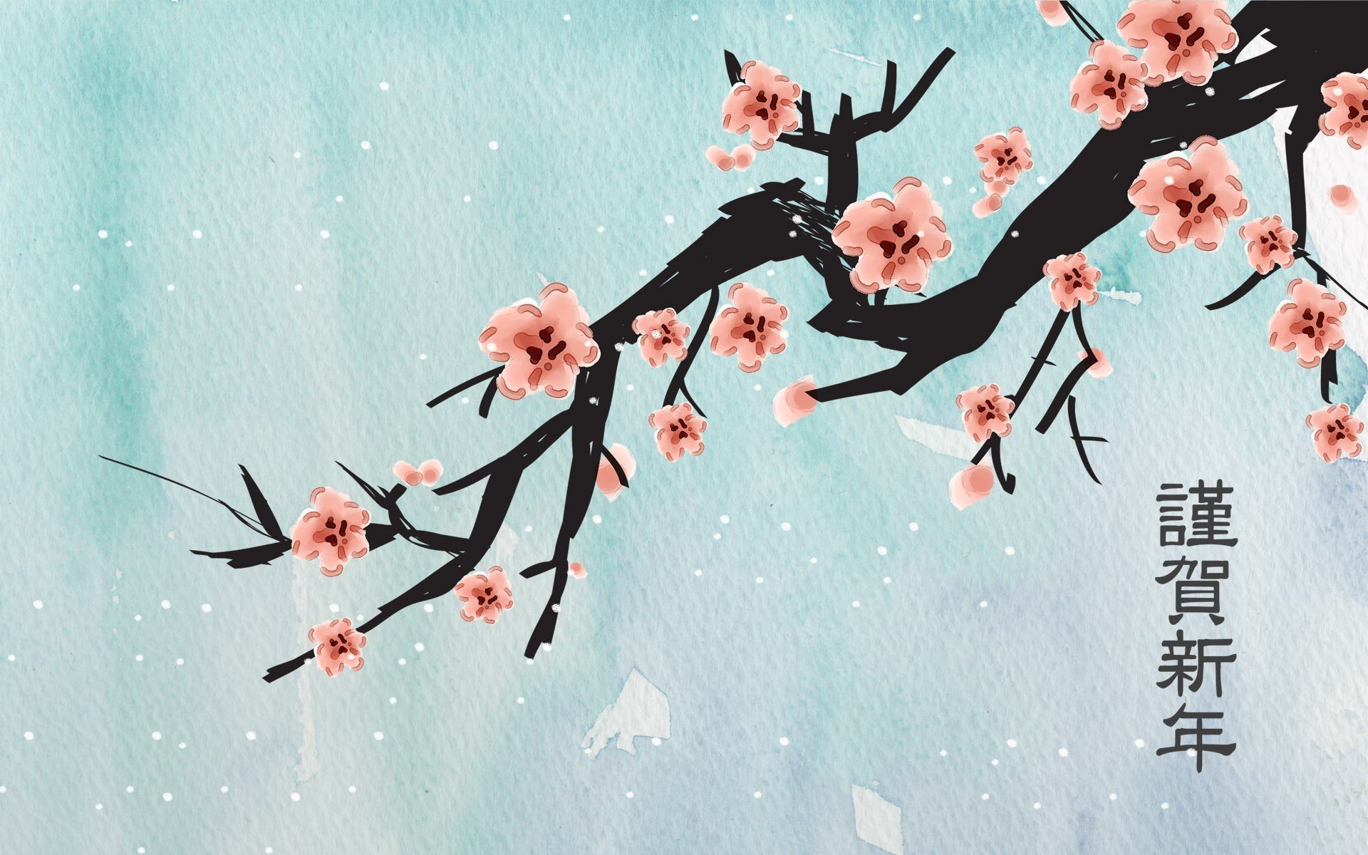 dessin sakura branche fleurs hiéroglyphes flocons de neige fond bleu