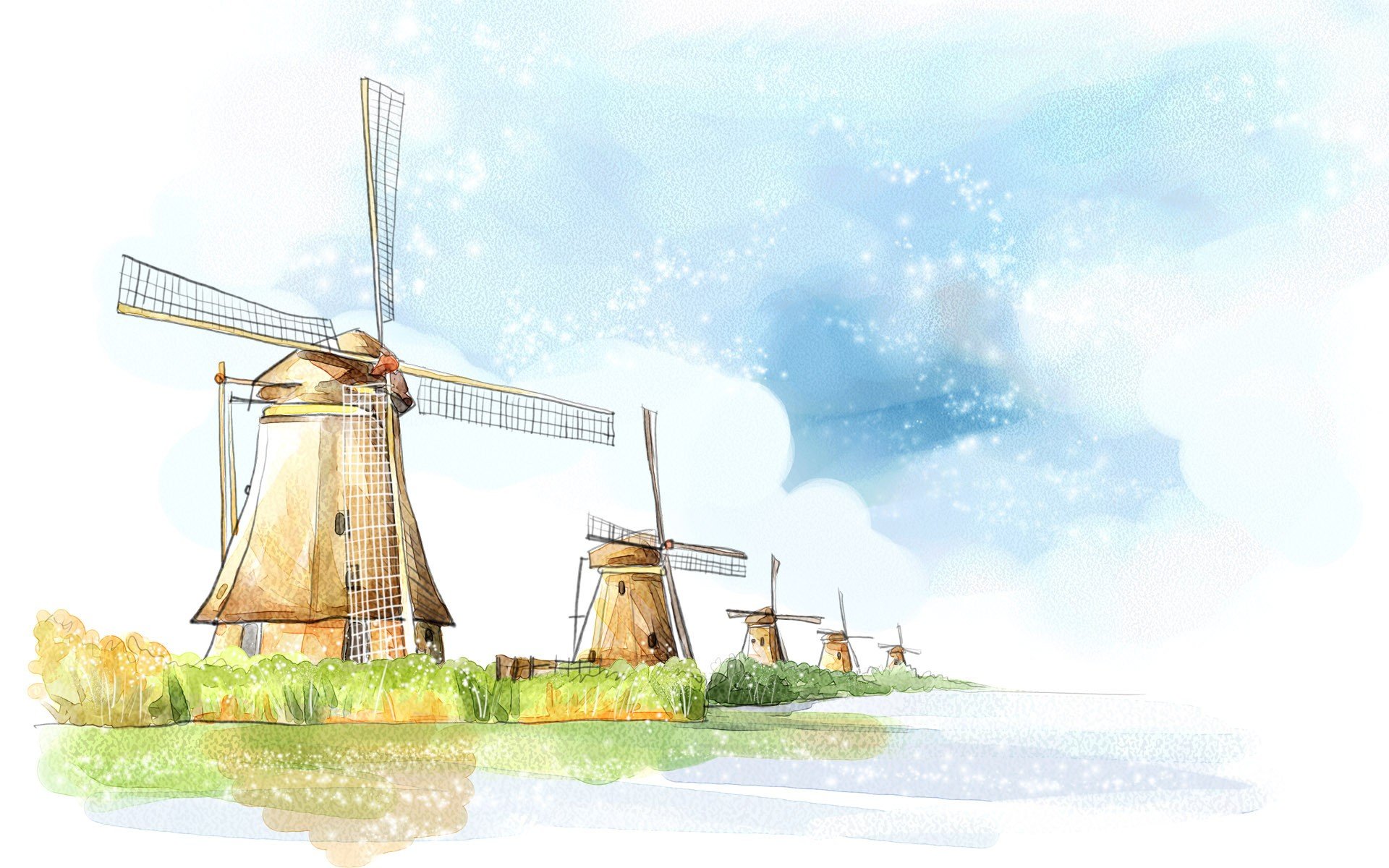 dessin moulin eau nuages