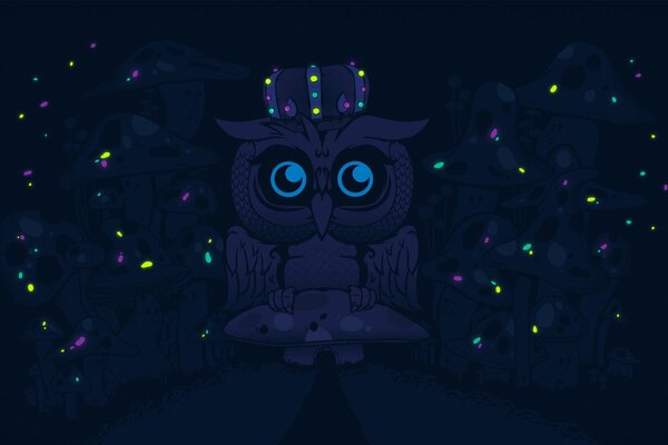 Owl with a crown among mushrooms