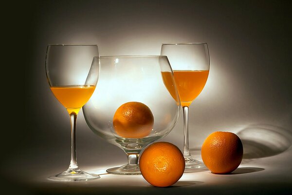 Still life oranges and glasses of pork