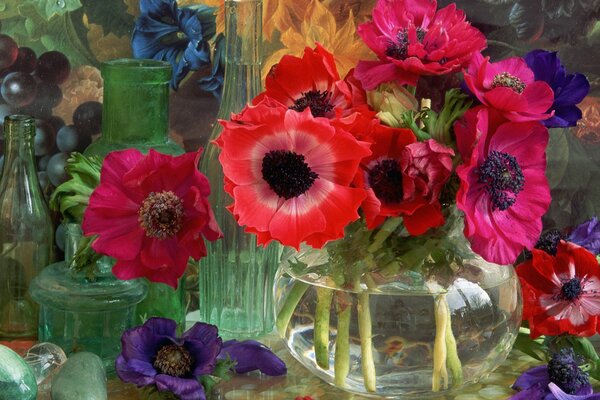 Nature morte de fleurs dans des vases en verre