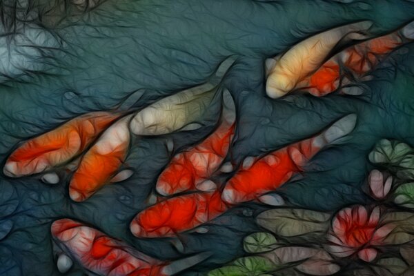 Peces abstractos en el agua. Nenúfares en el agua