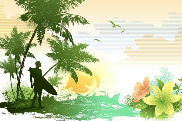 Mysterious surfer on the background of palm trees and flowers