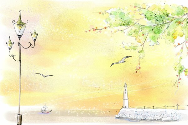 Drawing landscape of a lighthouse with a seagull