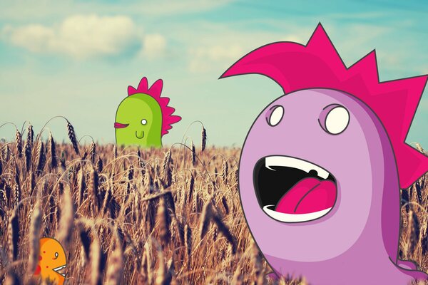 Collage of monsters in a field with ears of corn