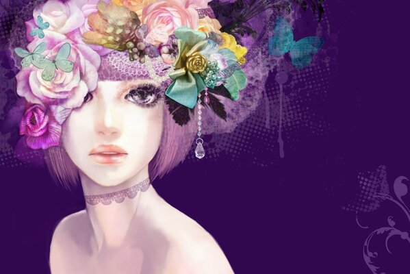 Purple background, art with a girl and flowers in her hair