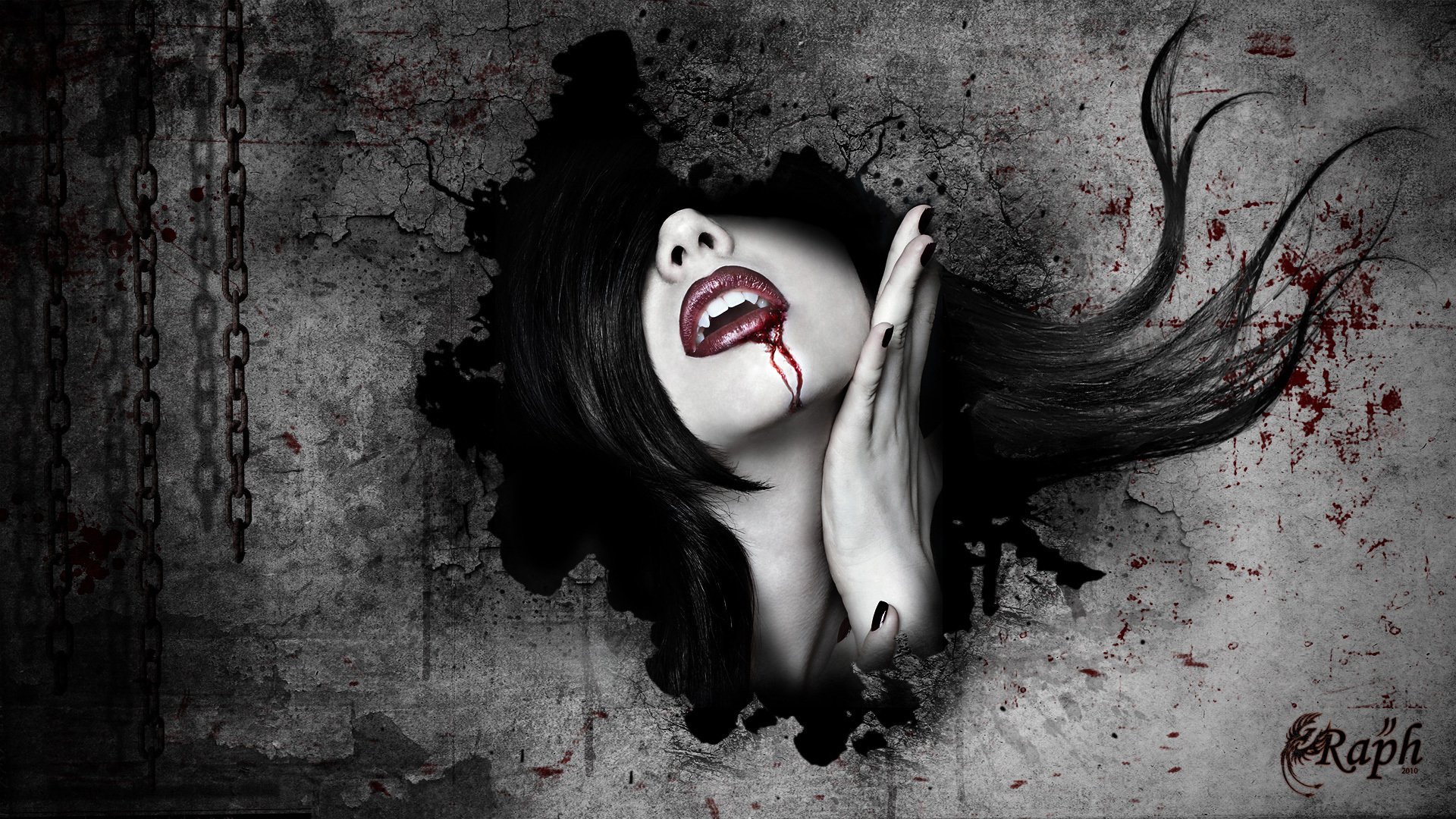 girl vampire face blood wall