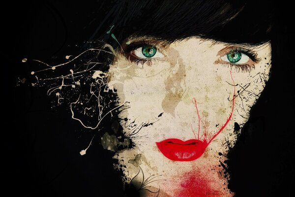 Ink drawing. Face with red lipstick