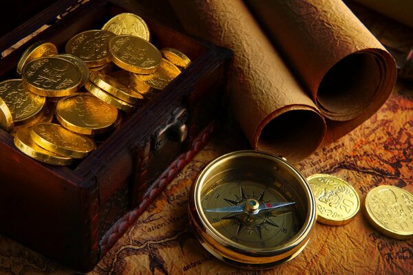 Vintage gold coins and compass