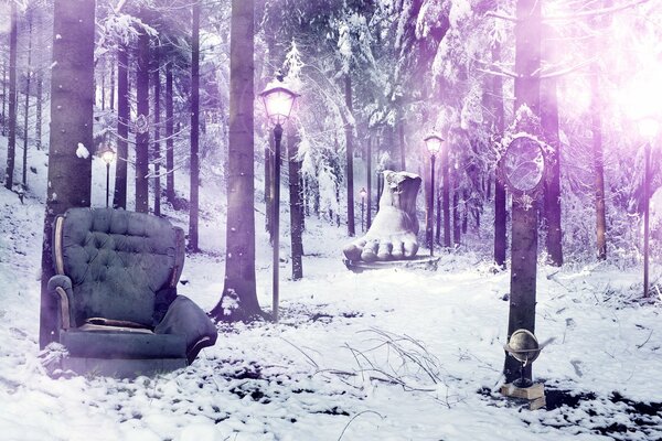 Samotny fotel w zimowym lesie