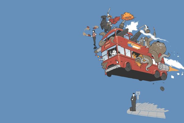 Cadre d un dessin animé avec un bus volant et une pieuvre