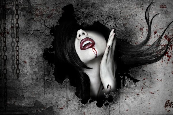 В стене девушка вампир кровь на губе