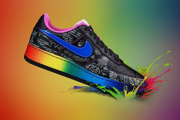 Nike sneakers with a bright rainbow design