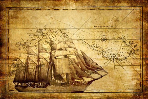 A beautiful picture with the image of a frigate, and with a map