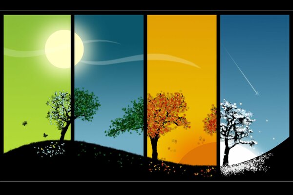 Sonne und Bäume zu den Jahreszeiten. Wechsel der Jahreszeiten