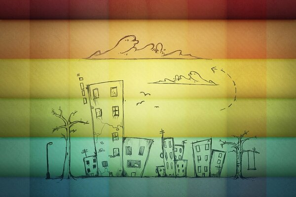 Drawing cute houses on a rainbow