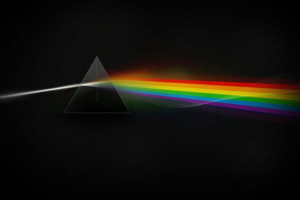 On a black background, a triangle and a beautiful rainbow