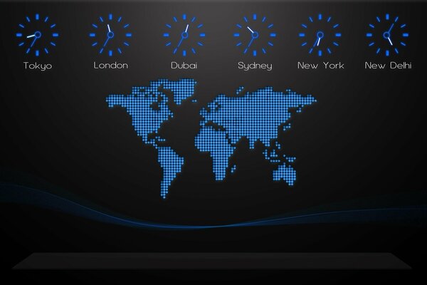 Time map of different cities on a black background