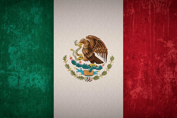 Green-white-red flag of Mexico with an eagle and a snake