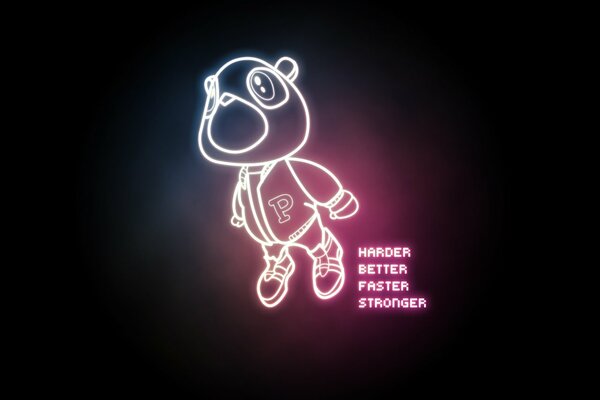 Neon cartoon character singing the lyrics of the chorus of a daft punk song - harder better faster stronger