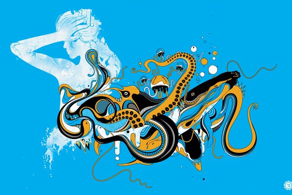 On a blue background, a white girl and a yellow octopus