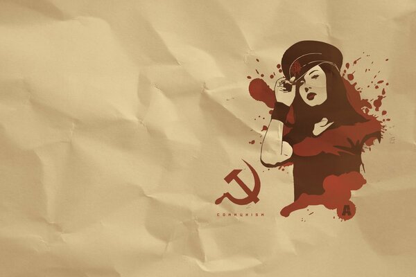 A communist picture with a hammer and sickle and a girl in a cap