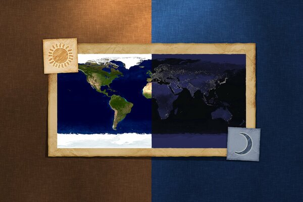 A world map consisting of two halves illuminated by sunlight and moonlight