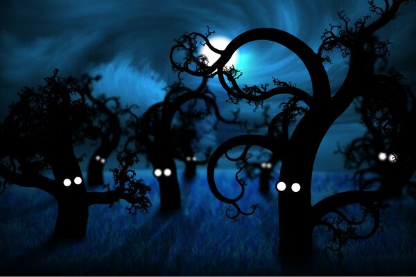 Creepy trees at night in the forest