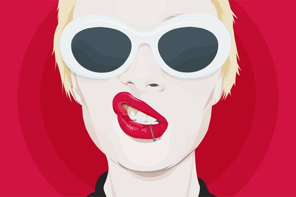 Femme blonde avec des lunettes et rouge à lèvres rouge vif