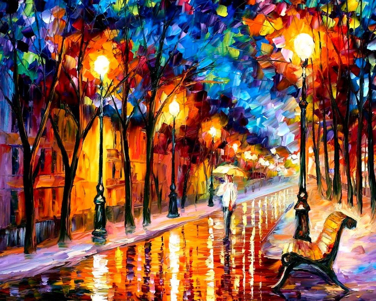 peinture huile lanternes route banc parapluie