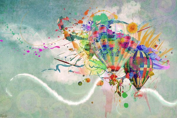 Two flying balloons among multicolored splashes