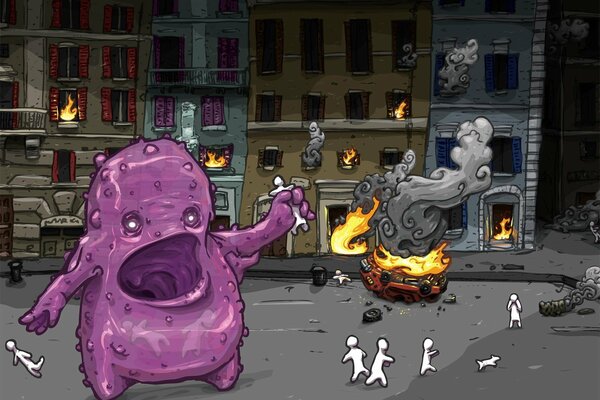 Picture, a big purple monster catches people