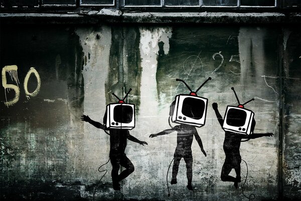 Graffiti des Fernsehers an der grauen Wand