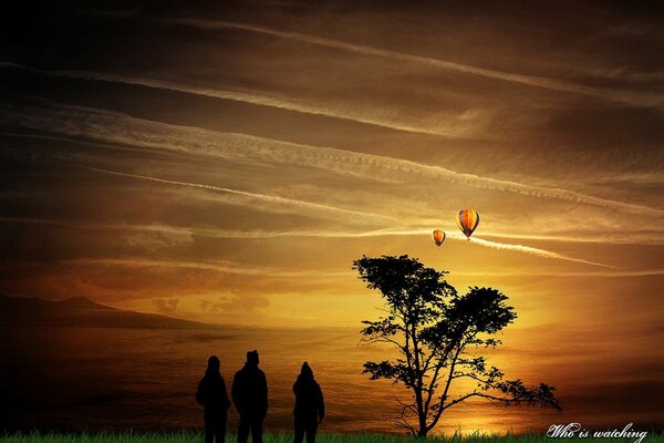 Les gens regardent dans le ciel sur les ballons volants