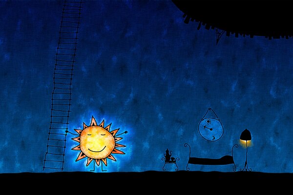 Caricature of the sun and the bed in the dark
