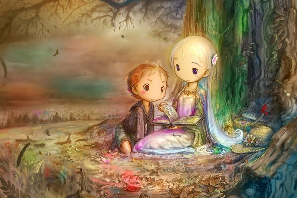 Children from an incomprehensible fairy tale are sitting in a fairy-tale forest or sitting by a stone