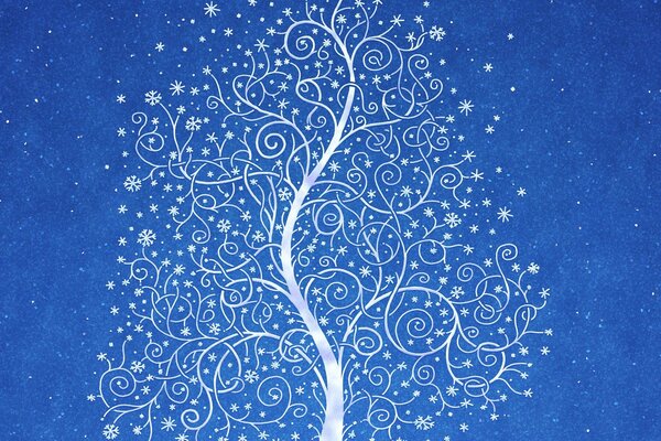 A tree in a snow pattern on a blue sky background