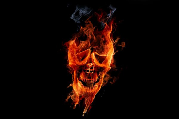 A fiery skull on a black background