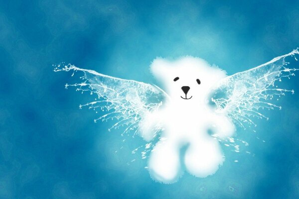 White bear cub angel background blue