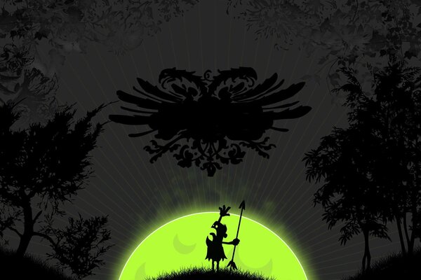 Silhouette of a cartoon warrior with a spear on the background of the moon