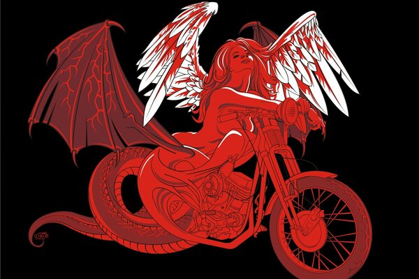 Chica con alas en una motocicleta roja